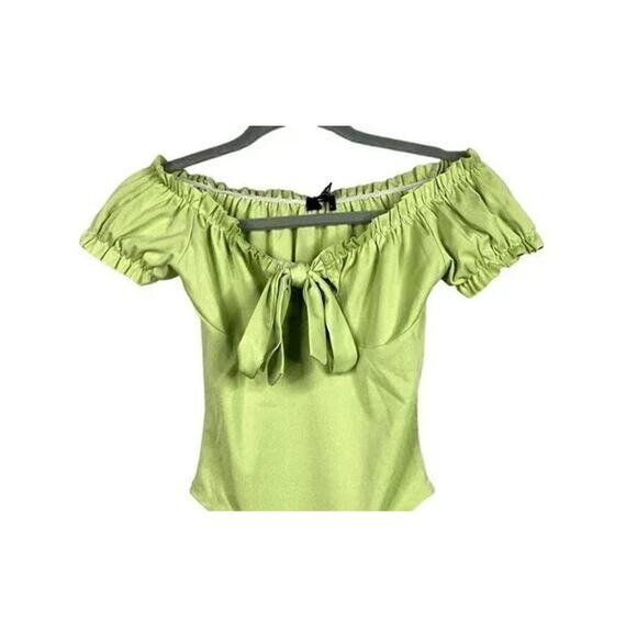 NEW Ruffled Off Shoulder Tie Key Hole Bodysuit Puff Sleeves Snap Crotch S Green - Picture 3 of 14